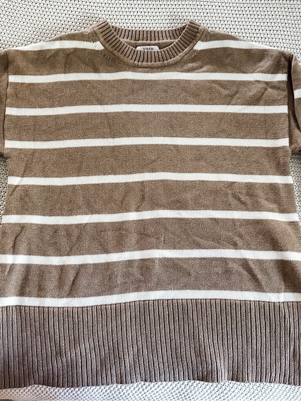 100% Cotton J. Crew Tan and White Striped Crewneck Sweater - Picture 3 of 4